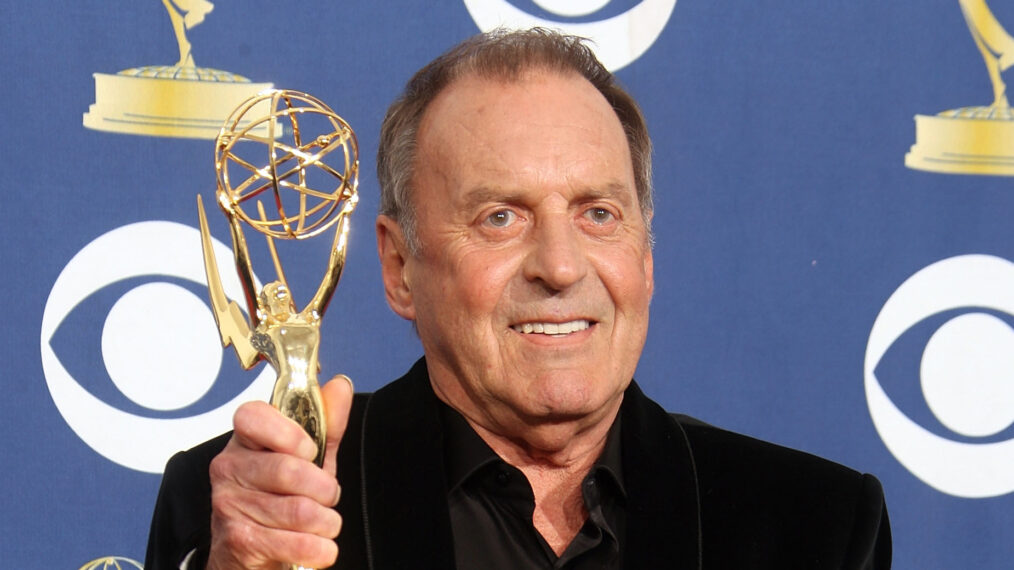 Bruce Gowers poses in the press room with his Emmy