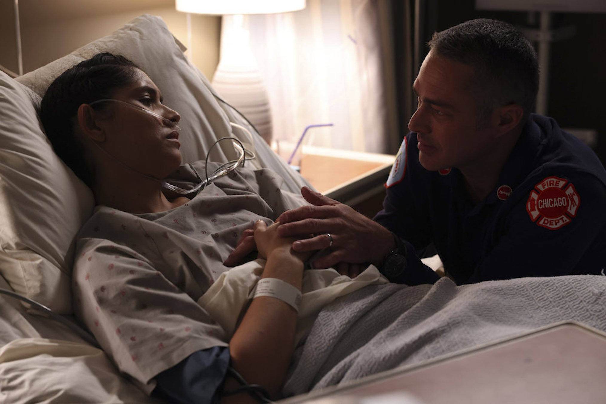 Miranda Rae Mayo and Taylor Kinney in 'Chicago Fire'