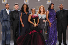 Tyler James Williams, Chris Perfetti, Janelle James, Quinta Brunson, Lisa Ann Walter, Sheryl Lee Ralph, and William Stanford Davis of Abbott Elementary at the 2023 Golden Globes