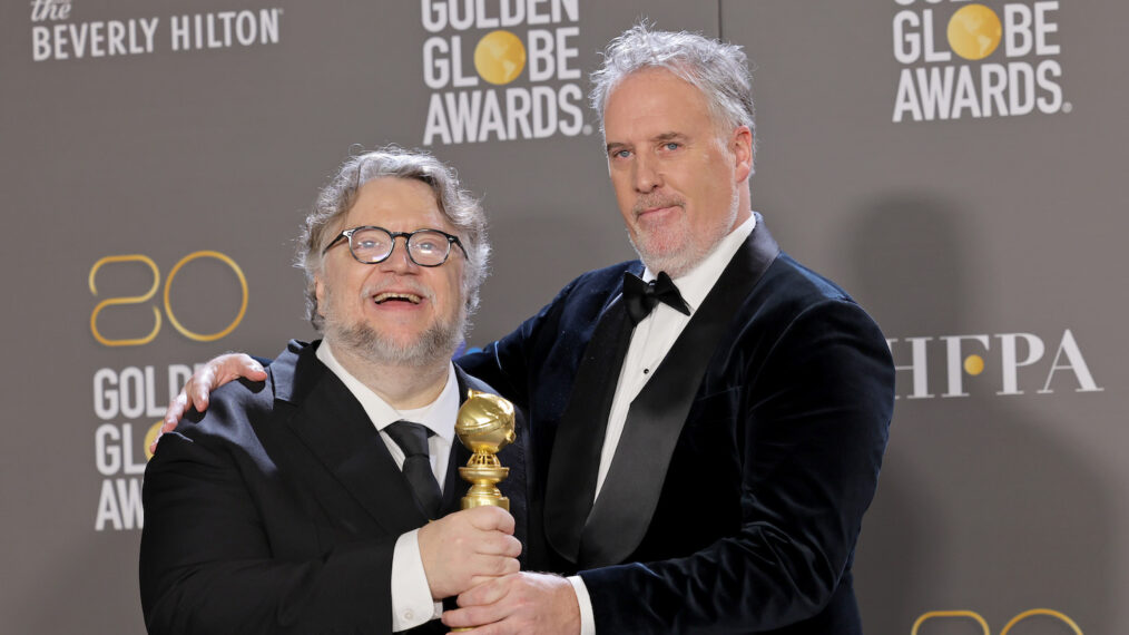 Guillermo del Toro and Mark Gustafson at the 2023 Golden Globes