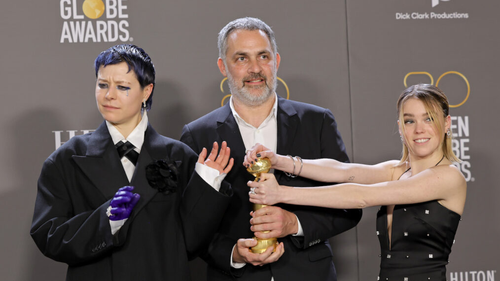 Emma D'Arcy, Miguel Sapochnik, and Milly Alcock at the 2023 Golden Globes
