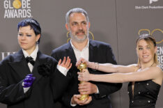Emma D'Arcy, Miguel Sapochnik, and Milly Alcock at the 2023 Golden Globes