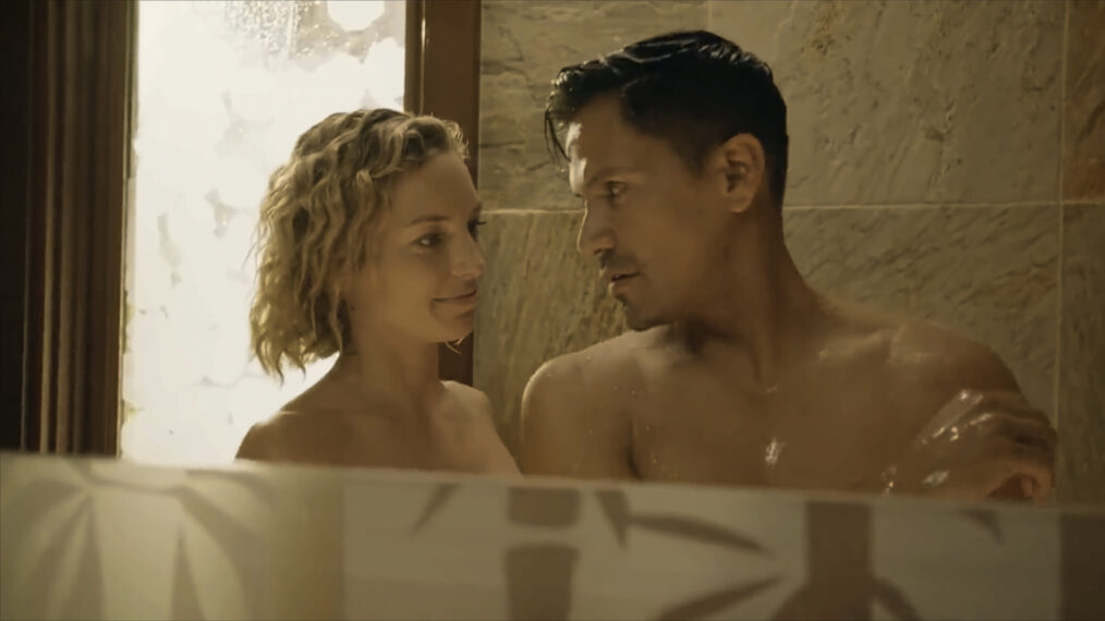 Magnum P.I. - Juliet Higgins and Thomas Magnum - Perdita Weeks and Jay Hernandez in the shower