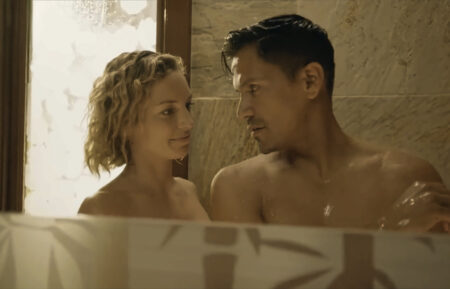 Magnum P.I. - Juliet Higgins and Thomas Magnum - Perdita Weeks and Jay Hernandez in the shower