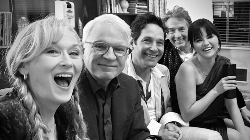 Meryl Streep, Steve Martin, Paul Rudd, Martin Short, and Selena Gomez on the set of 'Only Murders in the Building' Season 3