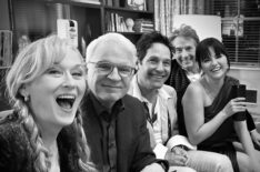 Meryl Streep, Steve Martin, Paul Rudd, Martin Short, and Selena Gomez on the set of 'Only Murders in the Building' Season 3