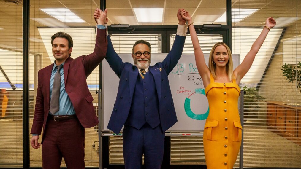 Chris Evans, Andy Garcia, and Emily Blunt in 'Pain Hustlers'