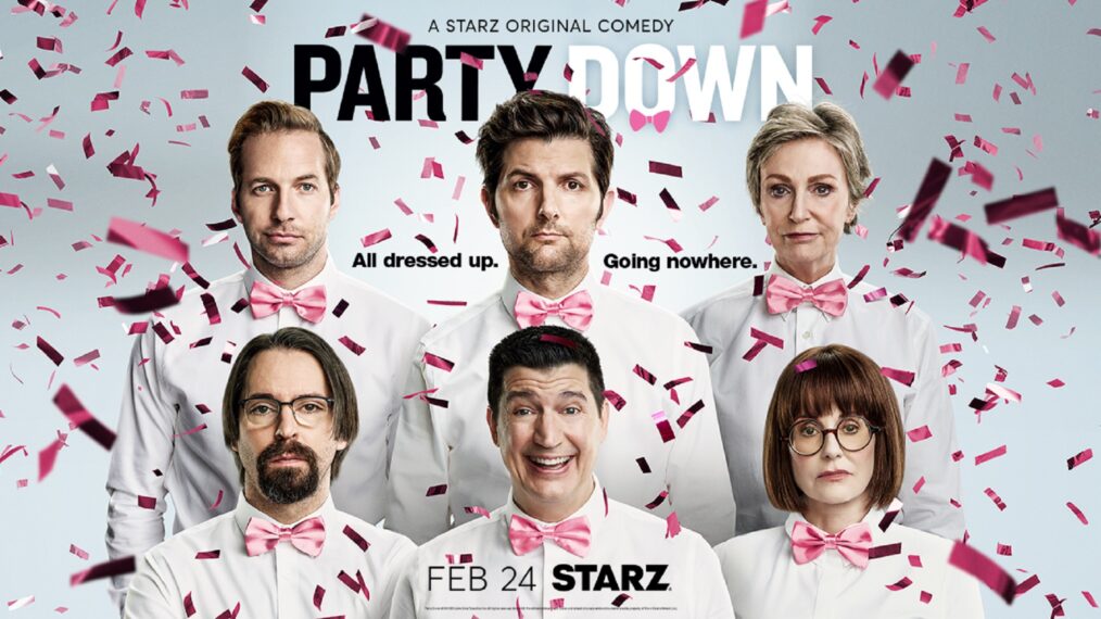 Ryan Hansen, Adam Scott, Jane Lynch, Martin Starr, Ken Marino und Megan Mullally auf dem Poster zur 3. Staffel von „Party Down“