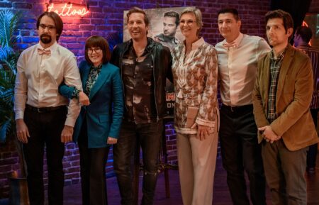 Martin Starr, Megan Mullally, Ryan Hansen, Jane Lynch, Ken Marino, and Adam Scott in 'Party Down' Season 3
