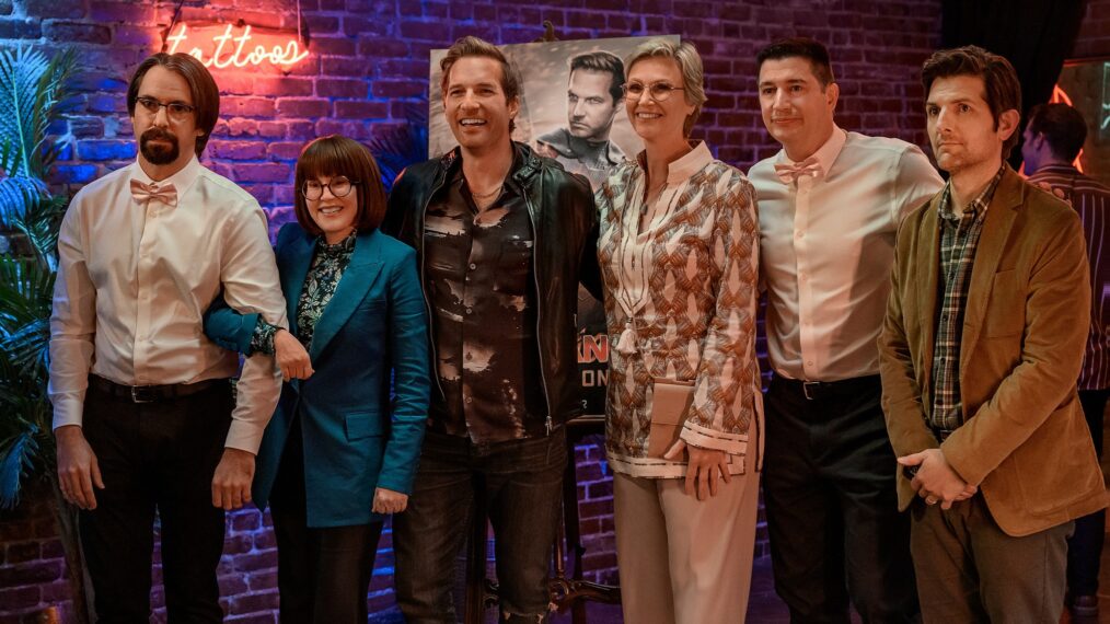 Martin Star, Megan Mullally, Ryan Hansen, Jane Lynch, Ken Marino, and Adam Scott in 'Party Down' Season 3