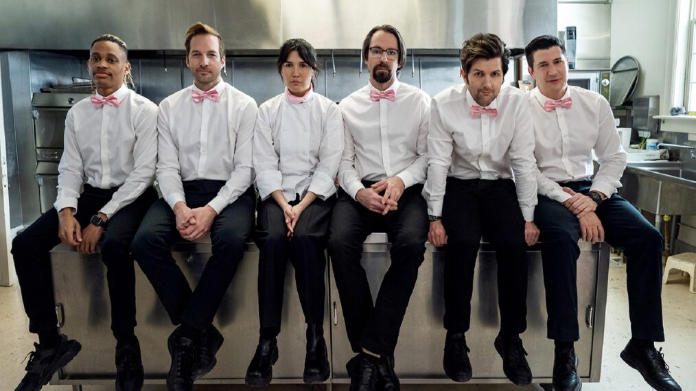 Tyrel Jackson Williams, Ryan Hansen, Zoë Chao, Martin Starr, Adam Scott, and Ken Marino in 'Party Down' Season 3