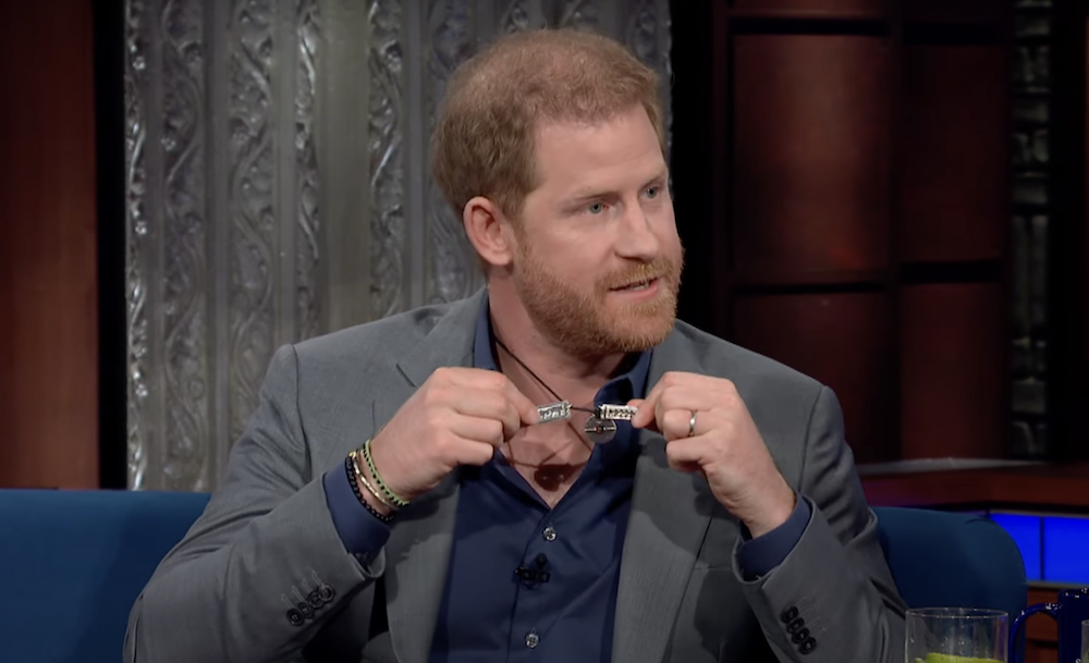 Prince Harry on The Late Show shows off necklace