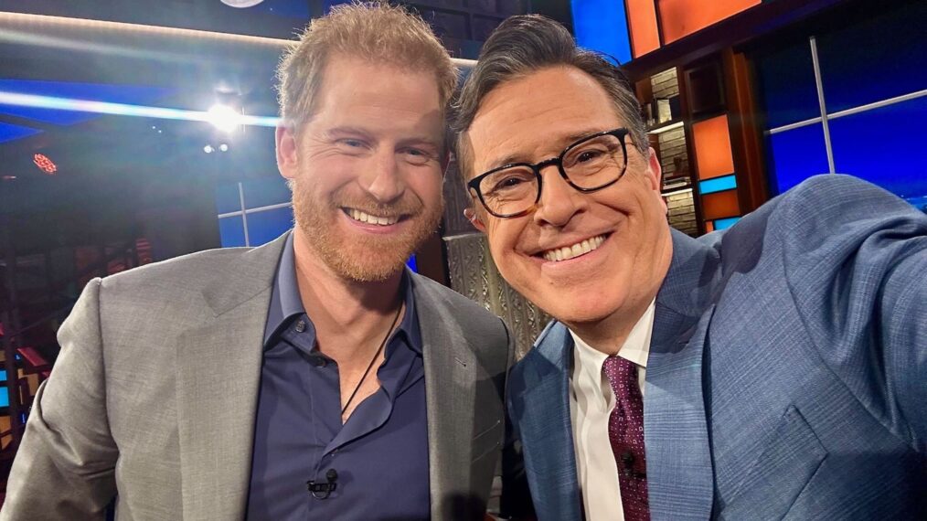 Prince Harry and Stephen Colbert pose at Late Show