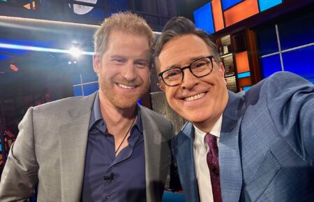 Prince Harry and Stephen Colbert pose at Late Show