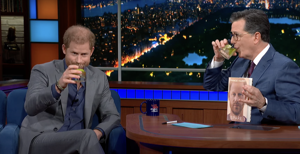 Prince Harry takes shots with Colbert