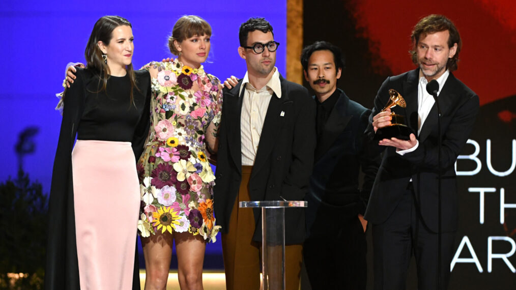 Laura Sisk, Taylor Swift, Jack Antonoff, Jonathan Low and Aaron Dessner accept the Album of the Year award for ‘Folklore’ onstage during the 63rd Annual GRAMMY Awards in 2021