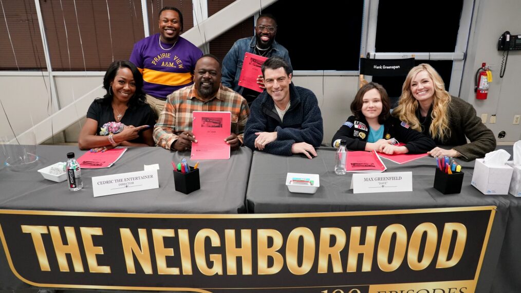 'The Neighborhood's Tichina Arnold, Marcel Spears, Cedric The Entertainer, Sheaun McKinney, Max Greenfield, Hank Greenspan, and Beth Behrs at the show's 100th episode table read.