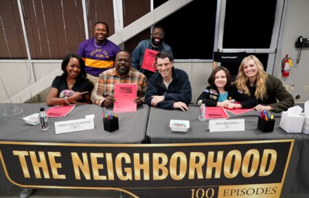 'The Neighborhood's Tichina Arnold, Marcel Spears, Cedric The Entertainer, Sheaun McKinney, Max Greenfield, Hank Greenspan, and Beth Behrs at the show's 100th episode table read.