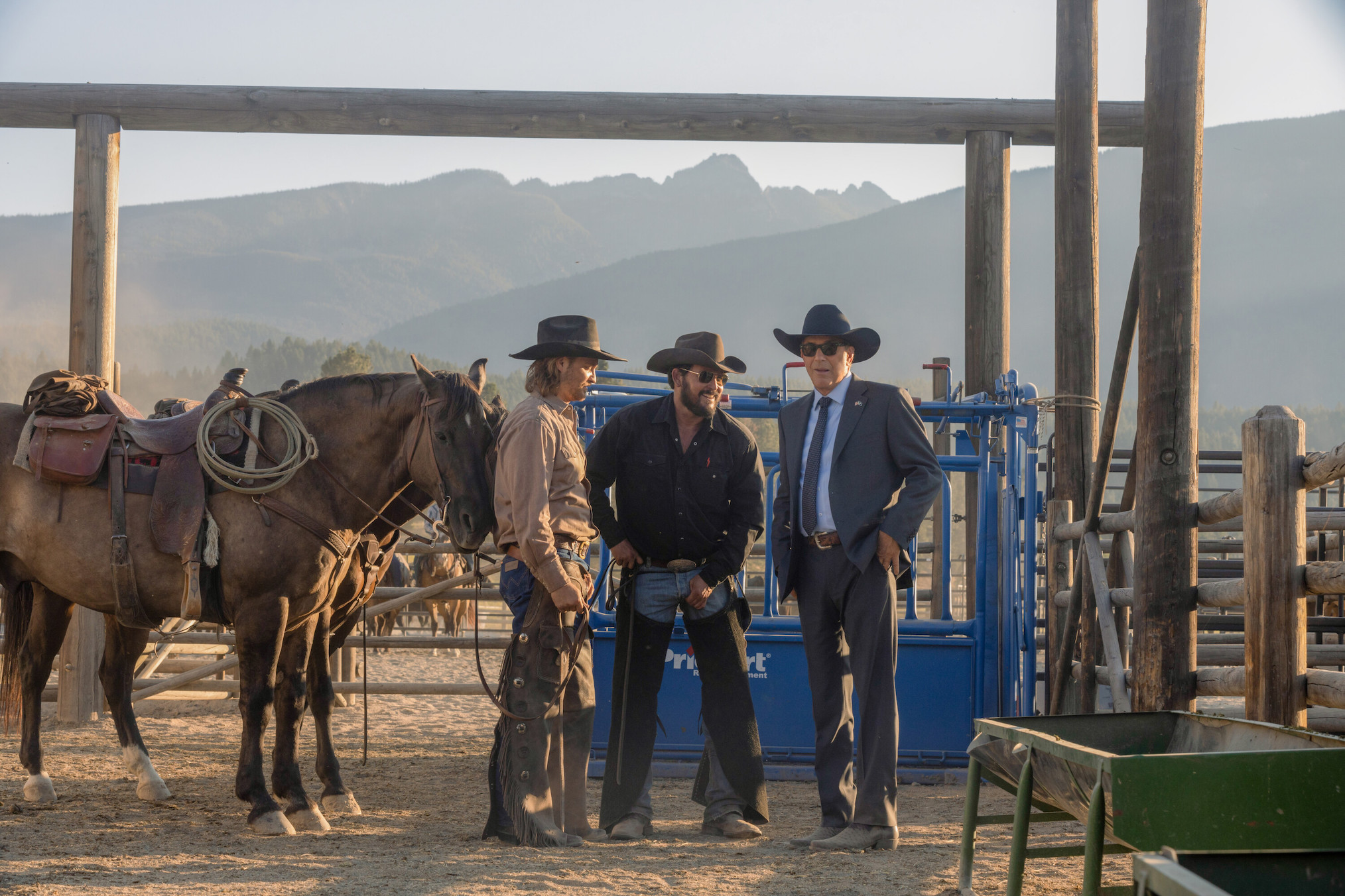 Luke Grimes, Cole Hauser, and Kevin Costner in 'Yellowstone'