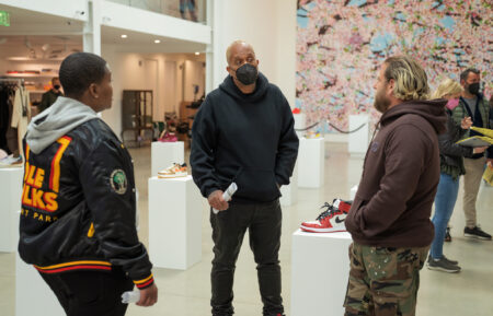 Sam Jay as Mo, Director-Writer-Producer Kenya Barris and Jonah Hill as Ezra on the set of You People