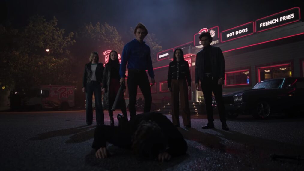 Lili Reinhart, Madelaine Petsch, KJ Apa, Camila Mendes, Charles Melton and Chris O'Shea as Betty, Cheryl, Archie, Veronica, Reggie and Percival in 'Riverdale'