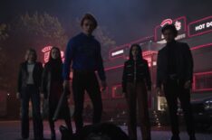 Lili Reinhart, Madelaine Petsch, KJ Apa, Camila Mendes, Charles Melton and Chris O'Shea as Betty, Cheryl, Archie, Veronica, Reggie and Percival in 'Riverdale'