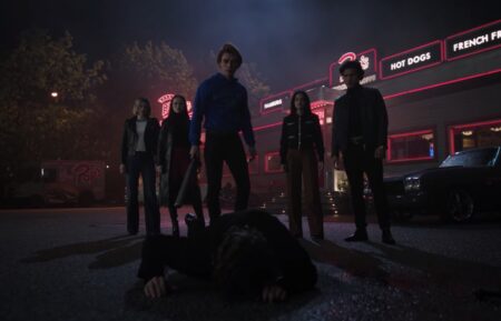 Lili Reinhart, Madelaine Petsch, KJ Apa, Camila Mendes, Charles Melton and Chris O'Shea as Betty, Cheryl, Archie, Veronica, Reggie and Percival in 'Riverdale'