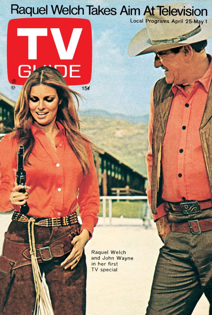 Raquel Welch & John Wayne on the cover of TV Guide Magazine's April 25 - May 1, 1970 issue