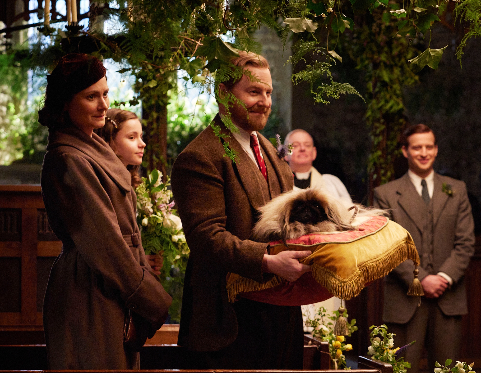 Anna Madeley as Mrs Hall, Samuel West as Siegfried Farnon and Derek as Tricki Woo in All Creatures Great and Small