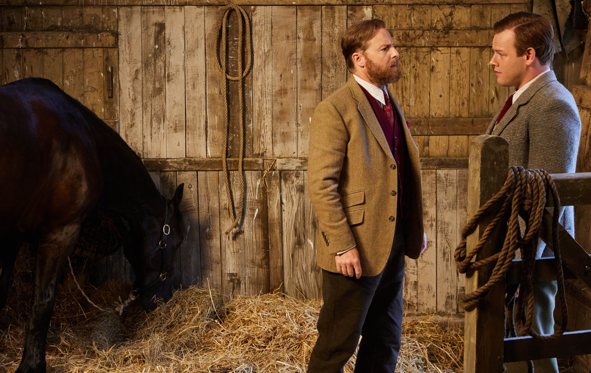 Samuel West as Siegfried Farnon and Callum Woodhouse as Tristan Farnon in All Creatures Great and Small