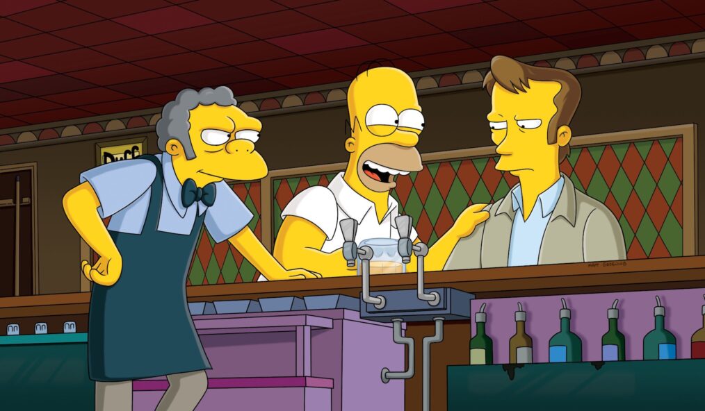 Moe Szyslak (voice: Hank Azaria), Homer Simpson (voice: Dan Castellaneta), Wayne (voice: Kiefer Sutherland) in 'The Falcon and the D'Ohman' episode of 'The Simpsons'