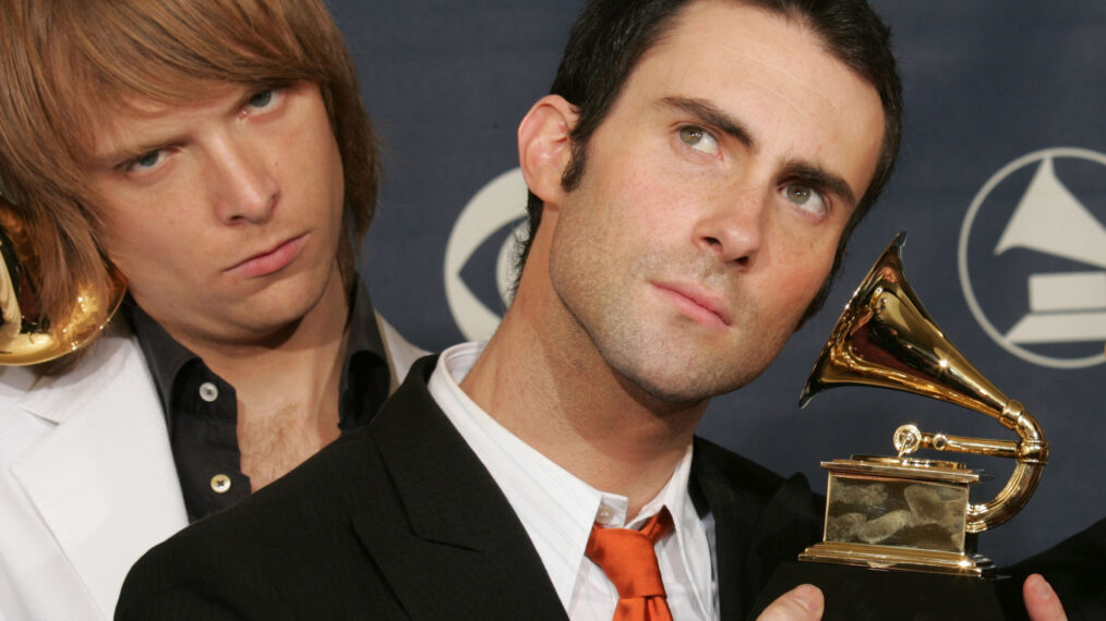 Adam Levine and Jesse Carmichael of Maroon 5 pose backstage with their award for 'Best New Artist' during the 47th Annual Grammy Awards in February 2005