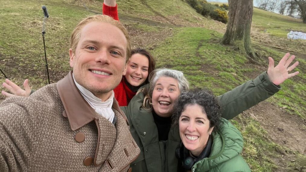 Sam Heughan, Maril Davis, and crew on set of 'Outlander' Season 7