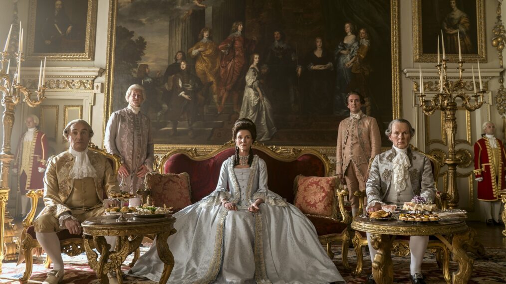 Neil Edmond as Earl Harcourt, Michelle Fairley as Princess Augusta, Richard Cunningham as Lord Bute in 'Queen Charlotte: A Bridgerton Story'