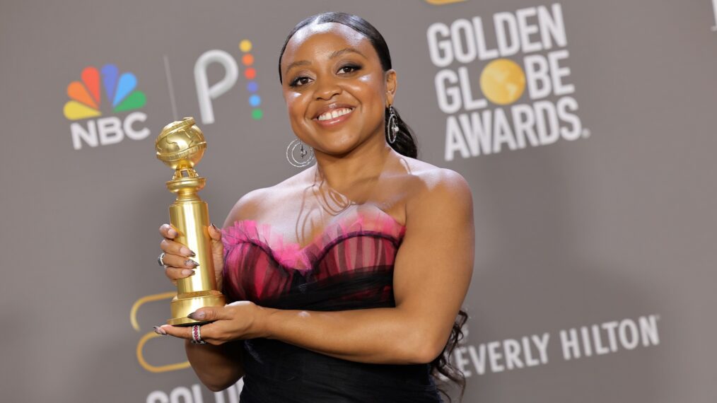 Quinta Brunson poses with the award for Best Actress