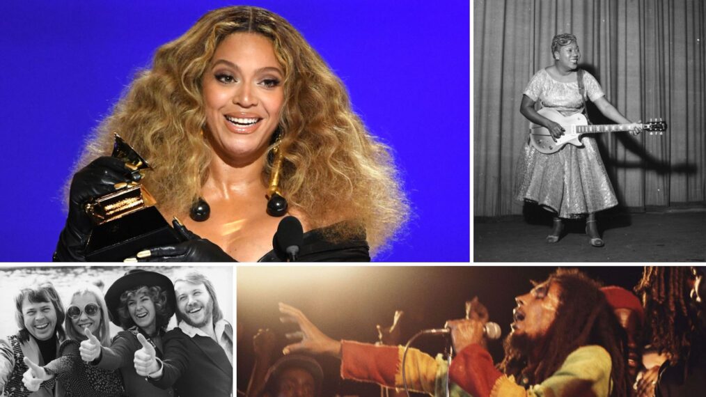 Beyonce (Top L); Sister Rosetta Tharpe (Top R); ABBA (Bottom L); Bob Marley (Bottom R)