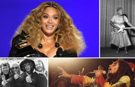 Beyonce (Top L); Sister Rosetta Tharpe (Top R); ABBA (Bottom L); Bob Marley (Bottom R)