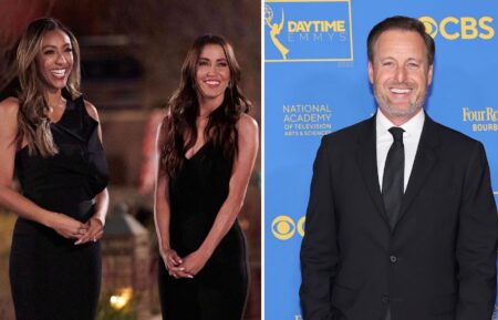 Tayshia Adams & Kaitlyn Bristowe on 'The Bachelorette' (L); Chris Harrison (R)