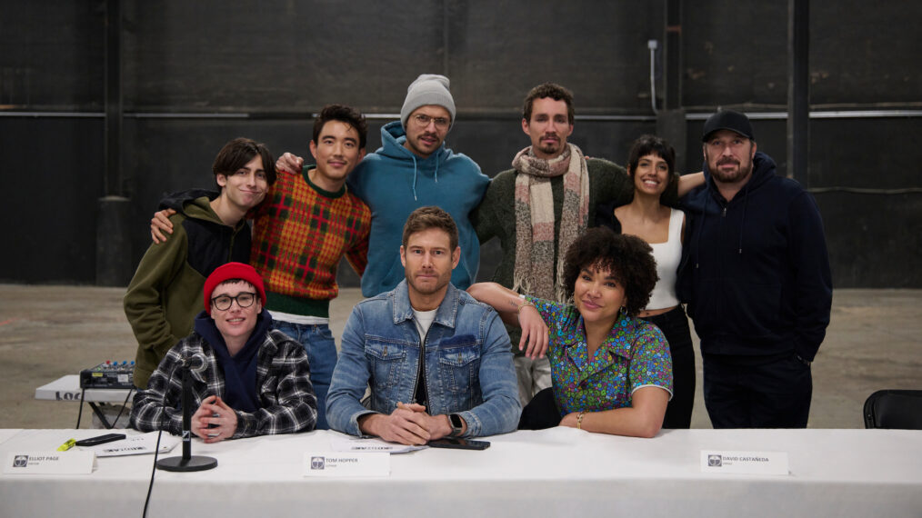 Elliot Page, Aidan Gallagher, Justin H. Min, David Castañeda, Tom Hopper, Robert Sheehan, Emmy Raver-Lampman, Ritu Arya, and Steve Blackman at 'The Umbrella Academy' Table Read