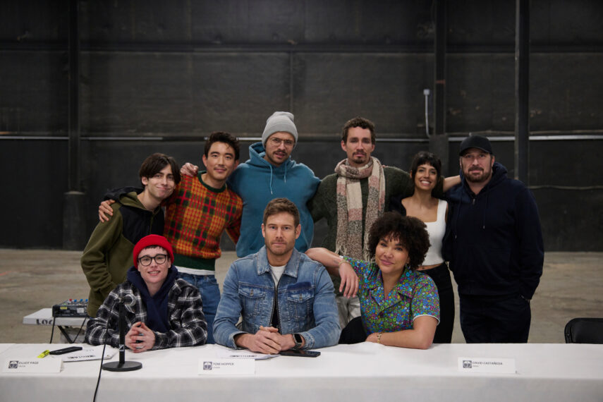 Elliot Page, Aidan Gallagher, Justin H. Min, David Castañeda, Tom Hopper, Robert Sheehan, Emmy Raver-Lampman, Ritu Arya, and Steve Blackman at 'The Umbrella Academy' Table Read