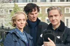 Sherlock – Mary Watson (Amanda Abbington), Sherlock Holmes (Benedict Cumberbatch), and John Watson (Martin Freeman)
