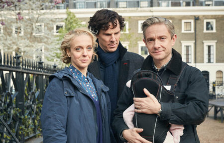 Sherlock – Mary Watson (Amanda Abbington), Sherlock Holmes (Benedict Cumberbatch), and John Watson (Martin Freeman)