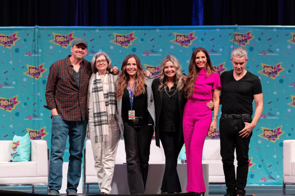 Marc Blucas, Kristine Sutherland, Julie Benz, Claire Kramer, Charisma Carpenter, and James Marsters attend the Buffy the Vampire Slayer/Angel Panel at 90’s Con on March 18, 2023 in Hartford, CT