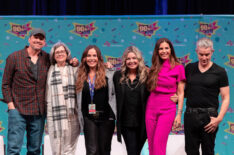 Marc Blucas, Kristine Sutherland, Julie Benz, Claire Kramer, Charisma Carpenter, and James Marsters attend the Buffy the Vampire Slayer/Angel Panel at 90’s Con on March 18, 2023 in Hartford, CT