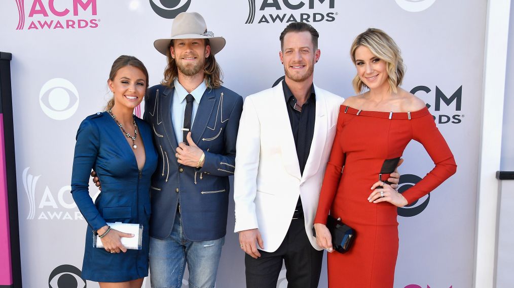 Brittney Marie Cole, recording artists Brian Kelley and Tyler Hubbard of music group Florida Georgia Line, and Hayley Stommel attend the 52nd Academy Of Country Music Awards