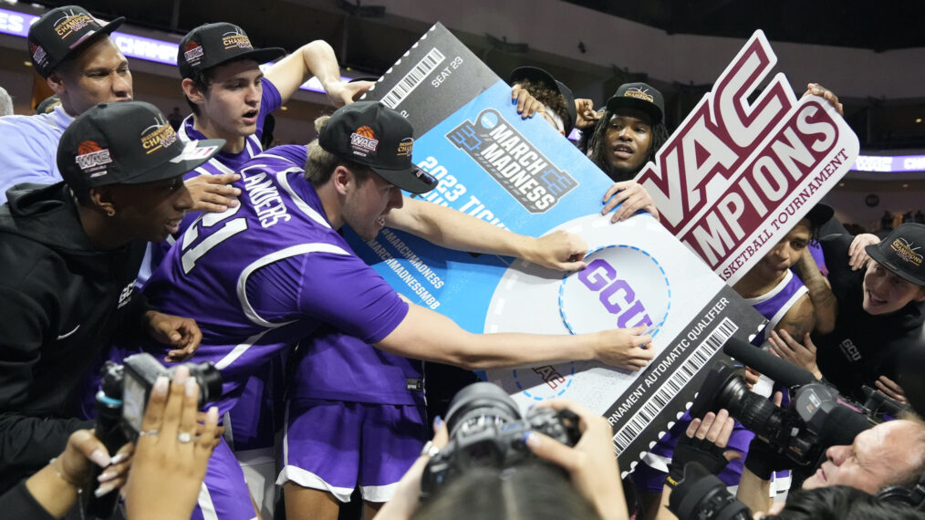 LAS VEGAS, NEVADA - MARCH 11: Logan Landers #21 of the Grand Canyon Antelopes places the GCU sticker on the NCAA ticket for March Madness following their win of the WAC Championship over the Southern Utah Thunderbirds during the Western Athletic Conference Basketball Tournament Championship game at the Orleans Arena on March 11, 2023 in Las Vegas, Nevada. The Antelopes defeated the Thunderbirds 84-66. (Photo by Louis Grasse/Getty Images)