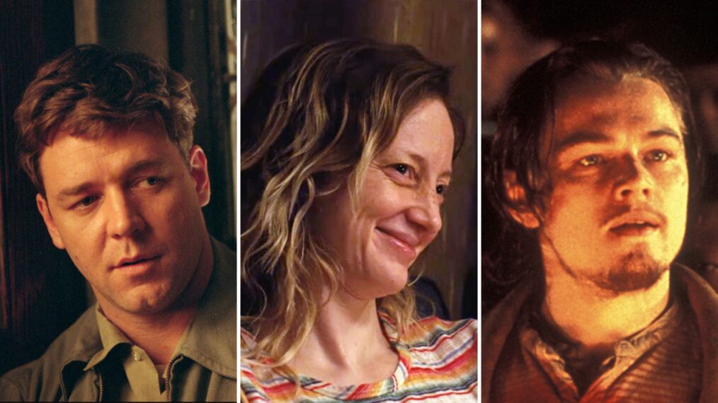 Russell Crowe in 'A Beautiful Mind,' Andrea Riseborough in 'To Leslie,' and Leonardo DiCaprio in 'Gangs of New York'