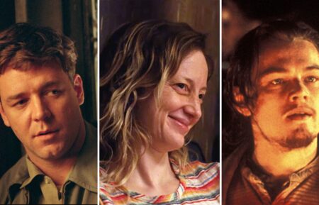 Russell Crowe in 'A Beautiful Mind,' Andrea Riseborough in 'To Leslie,' and Leonardo DiCaprio in 'Gangs of New York'