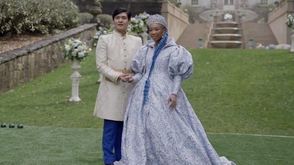 Paolo Montalban and Brandy as Cinderella and King Charming on set of Disney+'s 'Descendants: The Rise of Red'
