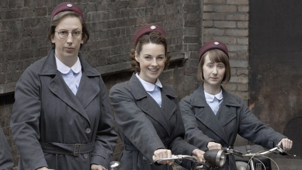 Miranda Hart, Jessica Raine, and Bryony Hannah of 'Call the Midwife'